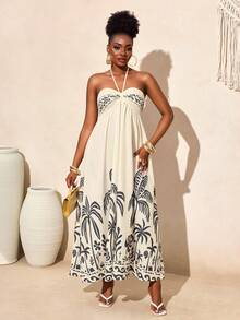 BamGleam Women's Palm Tree Print Dress, Vacation Style - Black and White - View 4