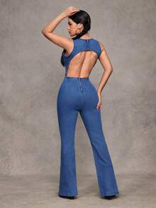 Jeanoix 女士性感露背无袖牛仔连体裤，夏季 - 藍色 - 查看 2