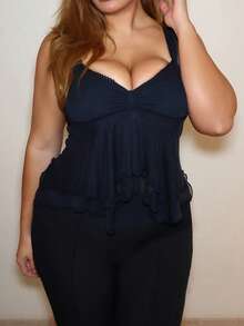 MelDlgn Plus Size Women Ruched Front Fitted Sexy Mesh Splice Flutter Sleeve Backless Casual Vacation Cropped Tank Top, Autumn, Back To School - Black - View 6