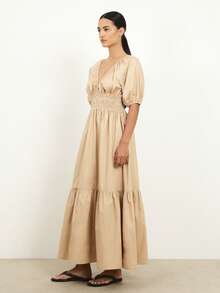 KSTM Vestido maxi con cuello en V fruncido, mangas abullonadas, cintura fruncida y bajo con volantes para invitada de boda en verano - Óxido marrón - Ver 3