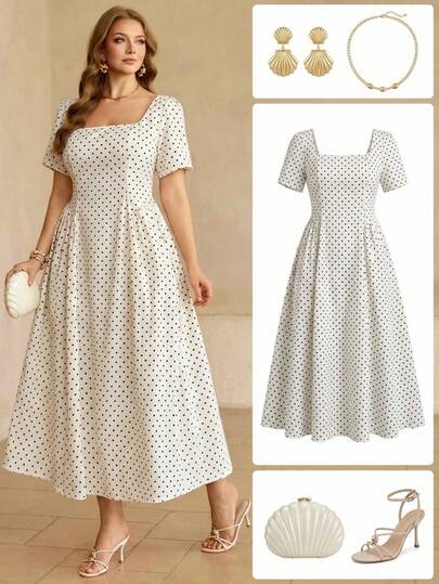 Roveilla Plus Size Women's Apricot Base Black Polka Dot Square Neck Cinched Waist Puff Sleeve Ruched Flare Hem Long Dress, Romantic Polka Dot, French Retro Elegant Formal Office Commute Business Casual Beach Holiday Street Style Afternoon Tea Valentine's Date Boho Middle Eastern Spring Summer New Polka Dot Dress Women Retro Dresses For Woman Picnic Dresses For Women Milkmaid Dress Women Summer Dresses