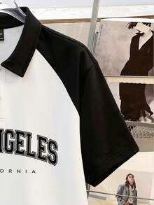 Manfinity Joysei Áo polo nam tay raglan phối màu tương phản, kiểu dáng tối giản, in chữ Los Angeles, kích thước tiêu chuẩn, thích hợp cho các hoạt động mùa hè và đi học. - Đen và trắng - Xem 4