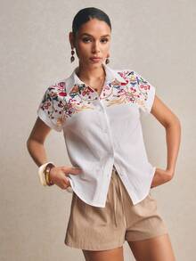 Poéselle Áo sơ mi nữ tay ngắn cài cúc phía trước kiểu vintage dáng rộng mùa hè - trắng - Xem 6