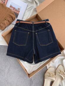 GlowEve CURVE 大码女式纯色水洗牛仔短裤，春夏款 - 深色水洗藍 - 查看 4