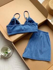 Conjunto de top corto de camiseta y shorts vaqueros para mujer - Azul lavado medio - Ver 4