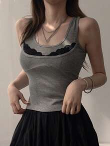 DAZY Women's Contrast Lace Spaghetti Strap Camisole, Fitted Sexy Cami Top - Grey - View 6