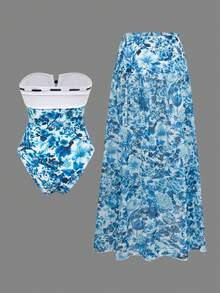 SHEIN Swim Oasis 女士蓝白碎花抹胸系带撞色褶皱性感沙滩度假泳衣套装，夏季 - 藍白色 - 查看 2