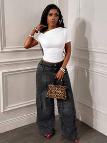 EMERY ROSE Áo thun ôm dáng, màu trơn, cổ lệch, nhún bèo, kiểu dáng thường ngày, thích hợp cho mùa hè. - trắng - Xem 5