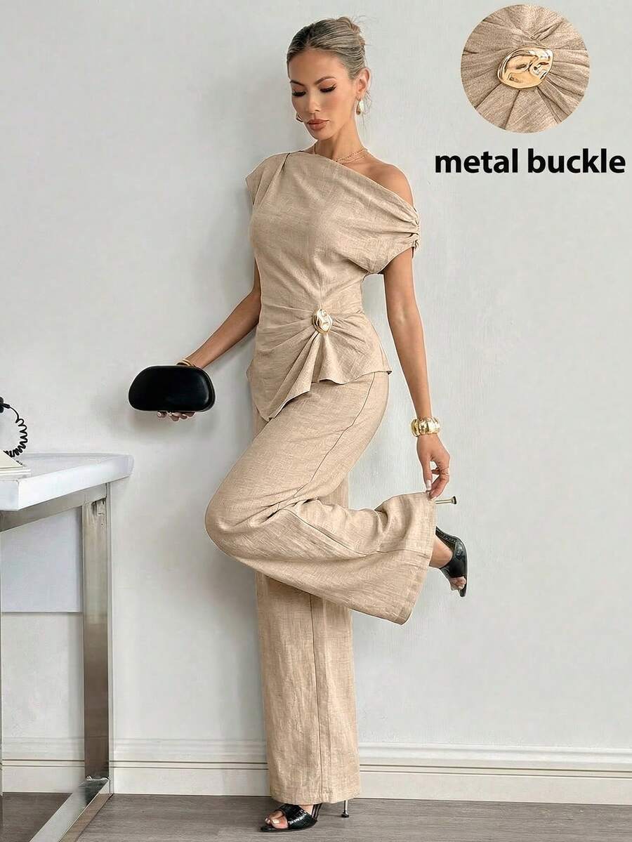 Siren Gaze Nuevo conjunto de top asimétrico de hombro y pantalones de decoración metálica - Albaricoque - Ver 1