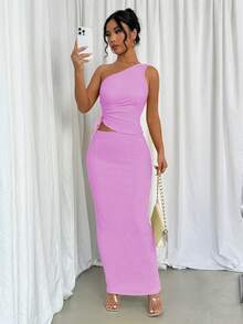 Selianne Women's Solid Color Pleated Blouse And Skirt 2 Pieces Outfit, Fashionable For Dates - Pink - View 1