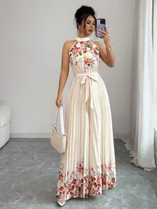 SHEIN Elenzya 优雅印花系带连体裤，适合日常穿着、通勤、家庭聚会、海滩、浪漫假期和旅行。 - 杏色 - 查看 6