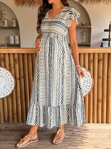 SHEIN Đầm bầu họa tiết hình học dáng xòe, thích hợp cho kỳ nghỉ. - màu nâu - Xem 5