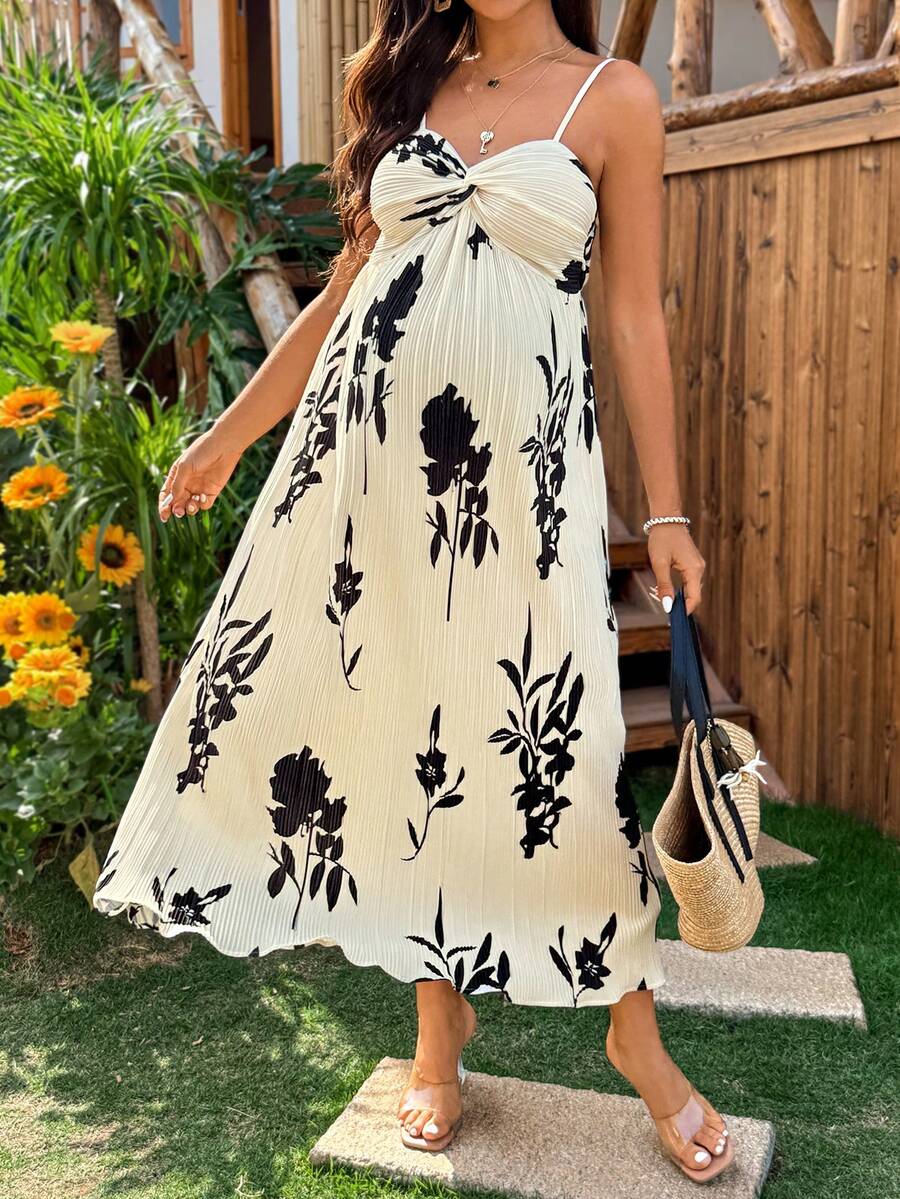 SHEIN Maternity Vacation Plant Pattern Twist Design Camisole Dress - Apricot - View 1