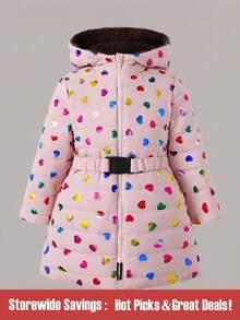 SHEIN 年轻女孩粉色渐变激光心形厚款中长款连帽抽绳冬季夹克 - 粉色 - 查看 1