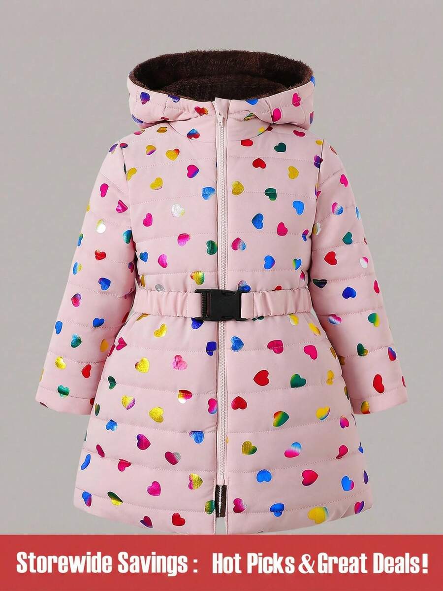 SHEIN 年轻女孩粉色渐变激光心形厚款中长款连帽抽绳冬季夹克 - 粉色 - 查看 1