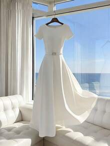 EMERY ROSE Women's Faux Pearl Chain Belt Long Dress - White - View 1