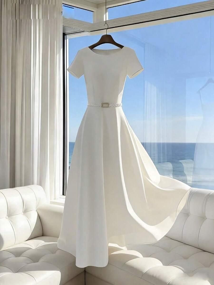 EMERY ROSE Women's Faux Pearl Chain Belt Long Dress - White - View 1
