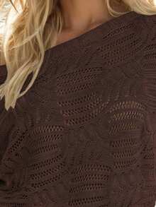 Balvessa New Arrival Women's Casual Hollow-Out Pattern Crew Neck Raglan Sleeve Ribbed Cuff Pullover Sweater, Suitable For All Seasons - Coffee Brown - View 3