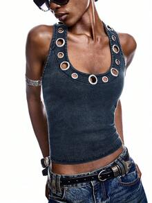LYSMO Women's Hollow Circle Halter Backless Camisole - Blue - View 3