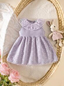 SHEIN Đầm lưới không tay cổ tròn màu tím ren cho bé gái sơ sinh, thiết kế cài nút phía sau tiện dụng, kiểu công chúa dễ thương, thích hợp cho lễ kỷ niệm 100 ngày, chụp ảnh, dự đám cưới, đi chơi. - Màu tím - Xem 3