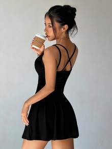 Dewbera Dewbera 女款V領黑色抓皺腰部露背連短褲洋裝，附口袋，適合運動與戶外活動，性感派對夜店短洋裝，夏季穿搭 - 黑色 - 查看 7