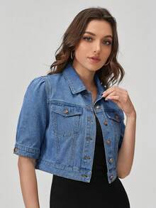 SHEIN EZwear 女士短袖单排扣休闲牛仔外套 - 淺色水洗藍 - 查看 4