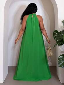 Veslaya Vestido largo de línea A con cuello de halter sin mangas, de color verde sólido, suelto, con empalmado de lazo, adecuado para vacaciones, playa, festival de música, fiesta de fogata, reunión, hotel resort, crucero, tomar el sol, cita, fiesta, elegante, salida casual - Vestidos envolventes de talla grande para mujeres Código de descuento para vestido de mujer Wow Dress - Verde - Ver 3