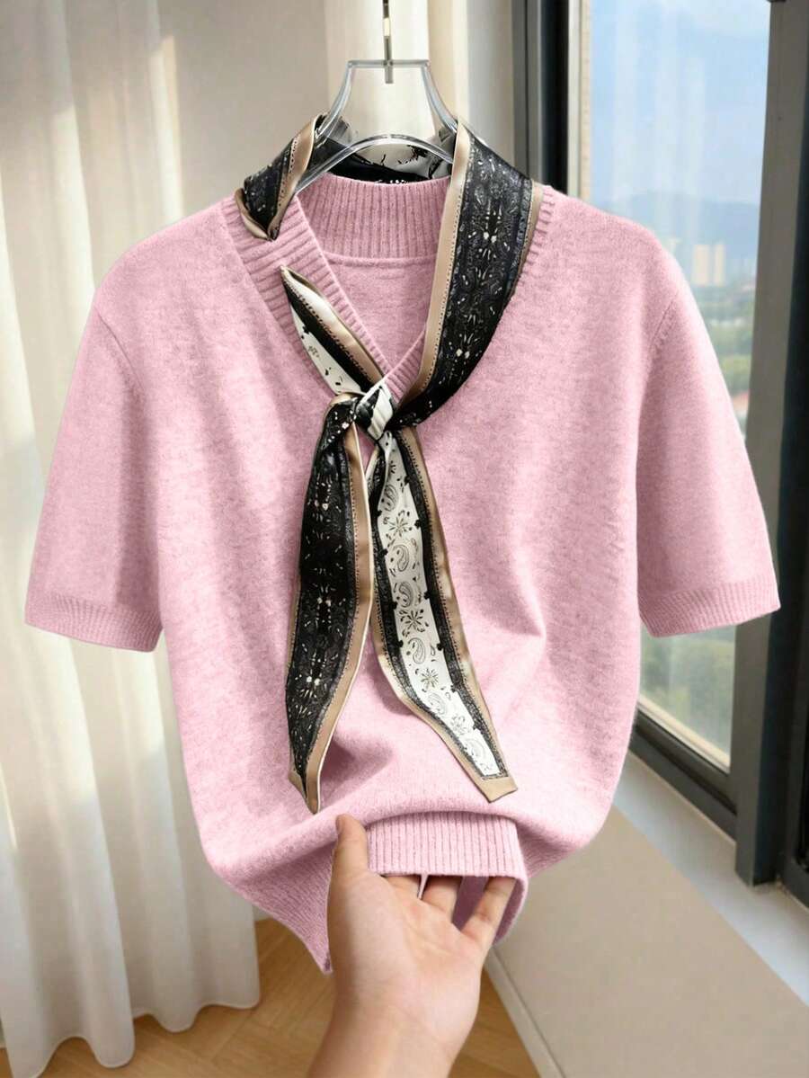 SHEIN LUNE 新款复古宽松V领短袖百搭叠穿休闲上衣,工作休闲两相宜,不对称系带简约韩版商务中性风上衣。可单穿或搭配丝巾打造精致造型,适合通勤和休闲穿着。 - 粉色 - 查看 1