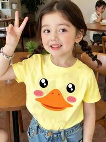 春夏少女休闲时尚创意个性清新简约可爱卡通鸭子图案印花舒适基础款短款T恤，适合春、夏、秋季日常穿着 - 黃色 - 查看 6