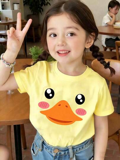 Spring And Summer Girls Casual Fashionable Creative Personality Fresh Minimalist Cute Cartoon Duck Pattern Print Comfortable Basic Short T-Shirt, Suitable For Spring, Summer And Autumn Daily Wear
