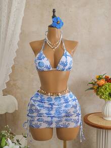 Bellisia Bộ bikini 3 mảnh gợi cảm họa tiết da báo, cổ yếm, cúp ngực tam giác, chất liệu lưới, buộc dây bên hông, dành cho nữ, thích hợp cho kỳ nghỉ. - Xanh và trắng - Xem 1