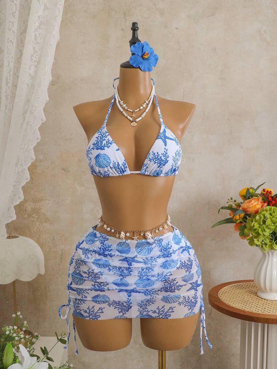 Bellisia Bộ bikini 3 mảnh gợi cảm họa tiết da báo, cổ yếm, cúp ngực tam giác, chất liệu lưới, buộc dây bên hông, dành cho nữ, thích hợp cho kỳ nghỉ. - Xanh và trắng - Xem 1