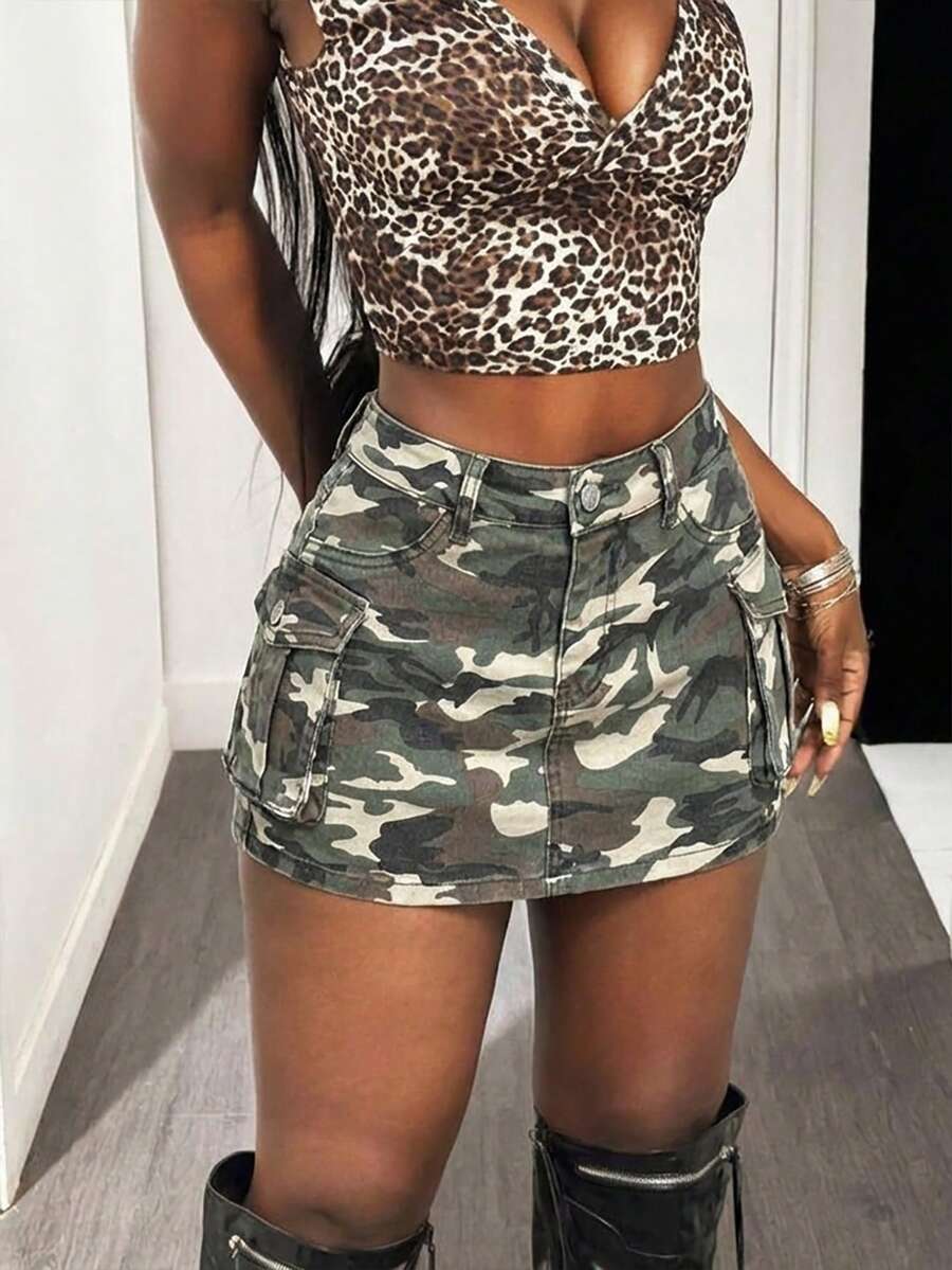 Slaydiva 女士性感迷彩印花迷你牛仔裙，夏季 - 彩色 - 查看 1