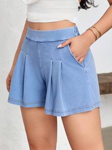 Flexra 女士褶皱设计宽松休闲牛仔短裤 - 藍色 - 查看 5