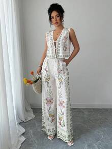 Elenzga Women's Floral Print Tie Front Vest And Pants Casual 2 Pieces Set - Multicolor - View 4