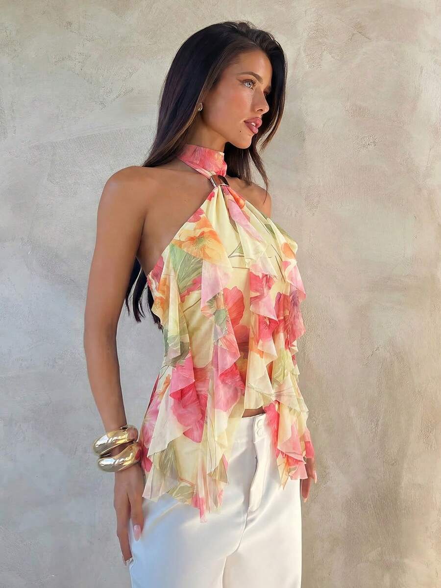 Aloruh Women's Sleeveless Halter Neck Floral Print Ruffle Hem Tank Top, Spring/Summer - Multicolor - View 1