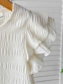 SHEIN LMoss Kids 女童纯色圆领荷叶边休闲衬衫 - 米色 - 查看 5