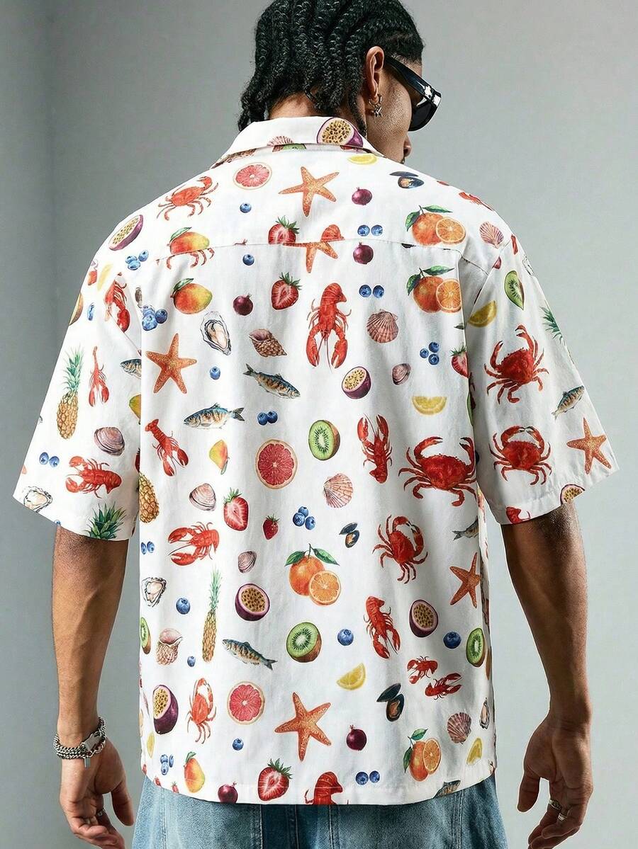 ROMWE MEN Street Life Men's Summer Vacation Digital Print Button-Front Short Sleeve Shirt - Multicolor - View 1