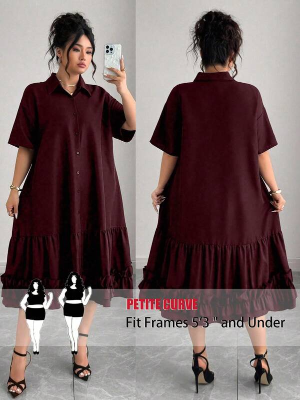 SHEIN PETITE CURVE Plus Size Women Solid Color Single-Breasted Short Sleeve Burgundy Dress,Everyday Smart Casual Sommar New Arrival Ladies Casual Short Dress