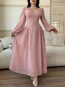 Nuevo vestido elegante con textura vintage de lunares que realza la cintura, adecuado para uso diario, fiestas y vacaciones - Rosa vieja - Ver 3