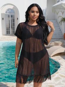 Slaydiva Black Hollow Out Loose Short Sleeve Mini Dress With Fringe Sheer Overlay - Black - View 3