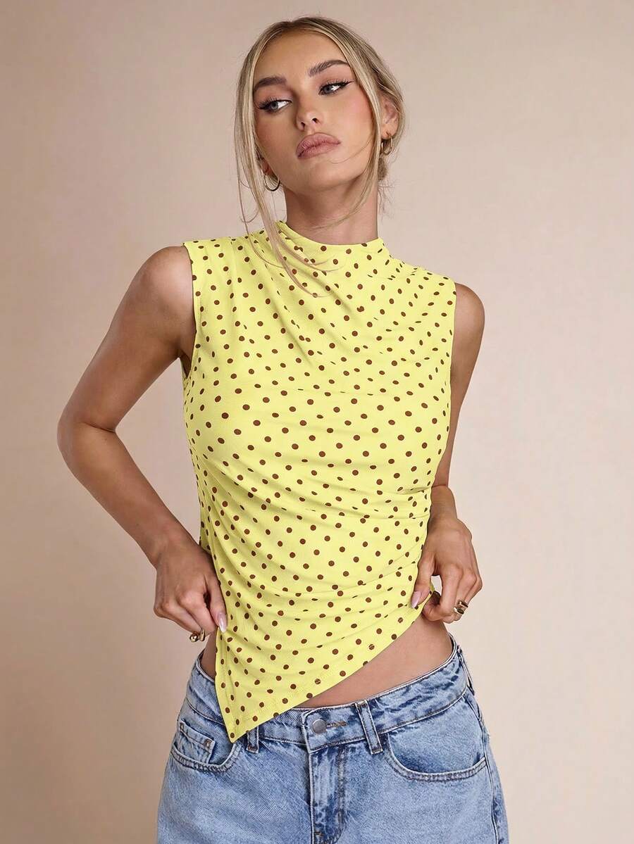 SHEIN BAE Áo camisole thời trang nữ in chấm bi, cổ đứng, vạt bất đối xứng - Màu vàng - Xem 1