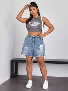 SHEIN CURVE+ Quần short denim rách dáng rộng mùa hè cỡ lớn - Màu xanh lam - Xem 3