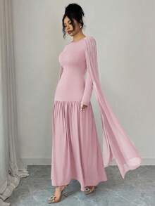 Modelyn Elegant Oval Collar Beaded Long Sleeve Coffee Color Dress For Women, Winter - Pink - View 5