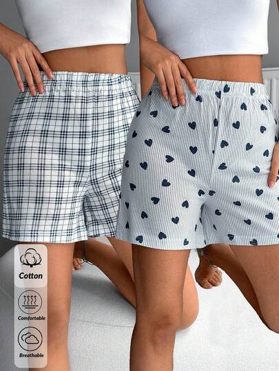 SHEIN Cotton White Contrast Colour Heart Pattern &Multicolour Plaid Shorts Homewear Comfort 2 Pcs Casual Women Sleep Bottoms For Summer