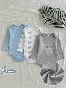 3 Pack Baby Boy Clothes Infant Toddler Boy Outfit Sets Casual Cute Koala Sloth Graphic Printed Long Sleeve Round Neck Soft Thick Bodysuit Jumpsuit Romper One Piece Suit For Spring Autumn Vacation Travel Essentials - Multicolor - View 1