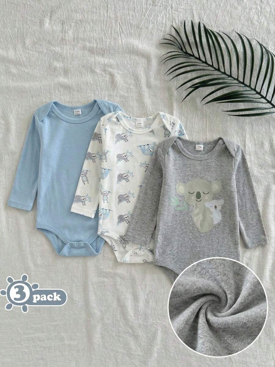 3 Pack Baby Boy Clothes Infant Toddler Boy Outfit Sets Casual Cute Koala Sloth Graphic Printed Long Sleeve Round Neck Soft Thick Bodysuit Jumpsuit Romper One Piece Suit For Spring Autumn Vacation Travel Essentials - Multicolor - View 1