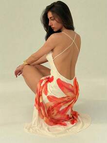 Aloruh 性感花卉印花露背吊带连衣裙，适合女性，假日装扮，夏季服装，夏季沙滩装，女士沙滩度假装，波西米亚热带风情度假装，童话印花，浪漫粉彩花卉印花连衣裙。 - 淡黃色 - 查看 2