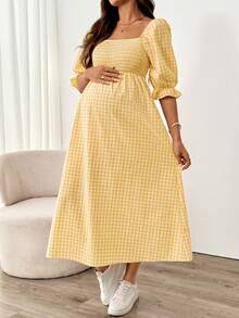 SHEIN Maternity Casual Plaid Dress For Summer - Yellow - View 4