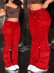 Jeanoix Damen Jeans in Große Größen mit ausgefranstem Saum und weitem Bein, lässige Mode - Rot - Übersicht 1